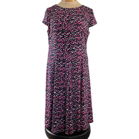 Laura Jeffries Pink Navy Print Dress 16 Short Sleeve Back Zipper - Picture 1 of 13